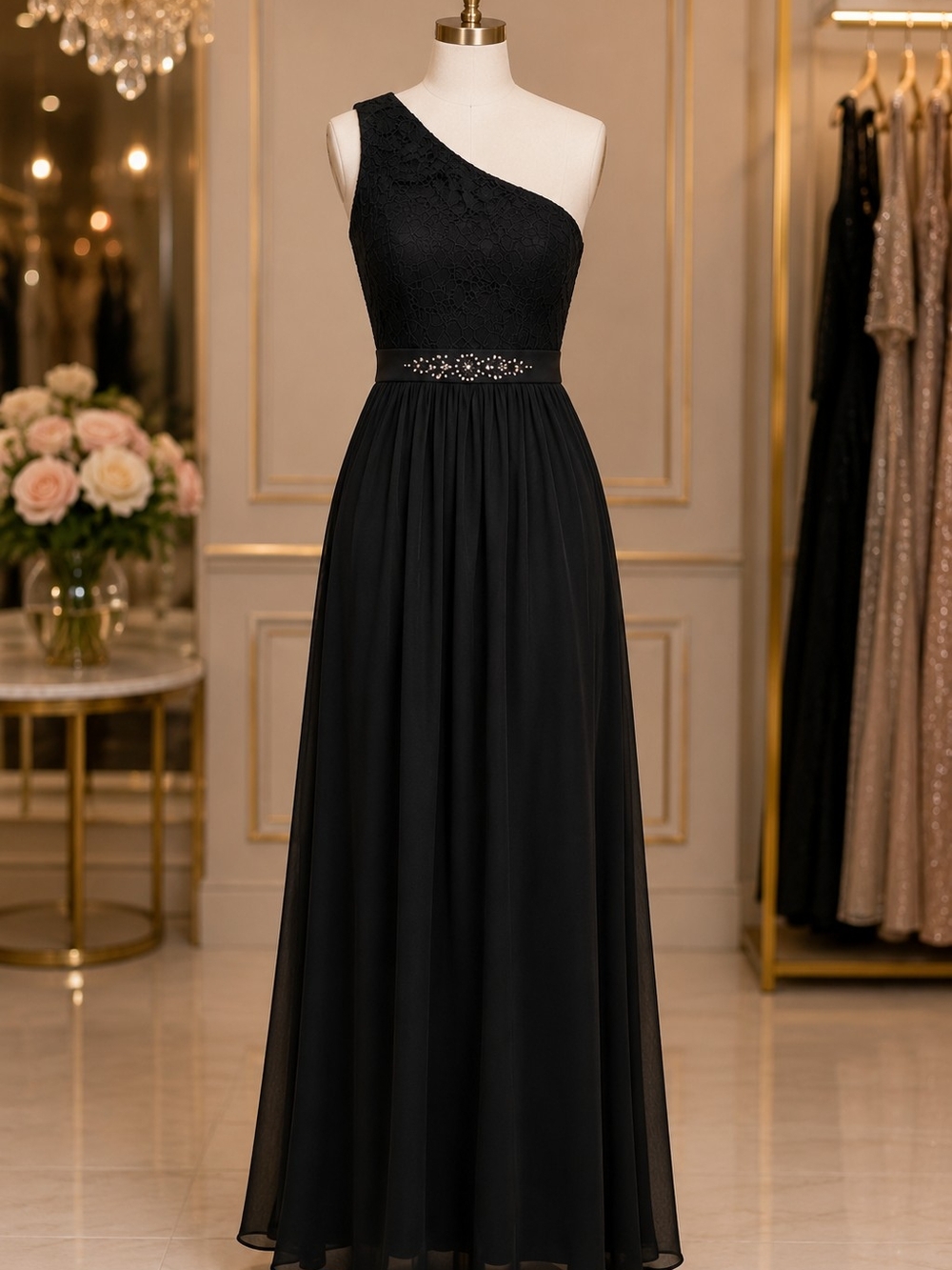 Adrianna Papell Black One-Shoulder Evening Gown with Beaded Waist